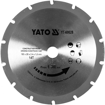 Диск за циркуляр YATO за дървени конструкций Ф185Х14Х20 60628