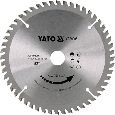 Диск за циркуляр YATO за алуминий Ф160 х 52Т х 20 60905