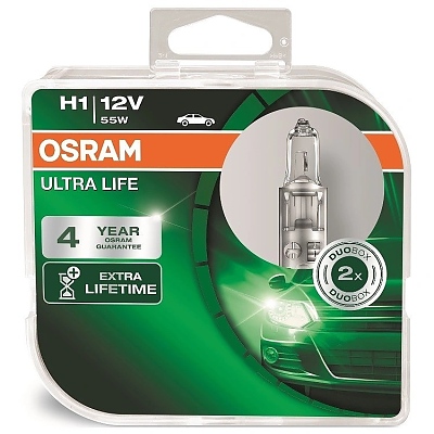 Халогенни крушки за предни фарове на кола 64150ULT-HCB 55W 12V P14,5s Duobox 2 бр. Osram H1 Ultra Life 4 years warranty