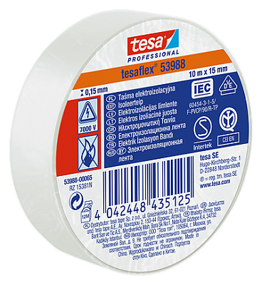 Електроизолационна лента 10м х 15 х 0,15 мм бяла
